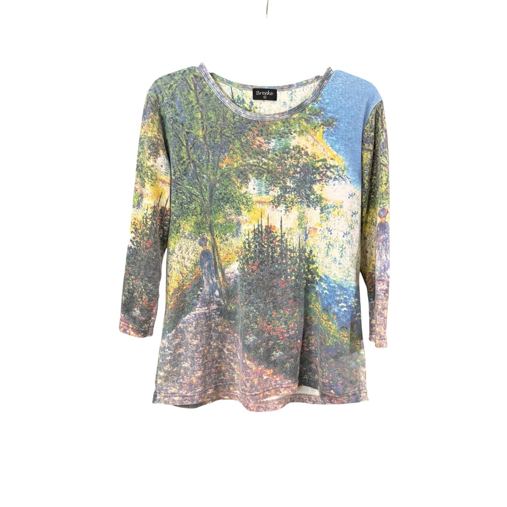 Breeke Womens XL Impressionist Garden Art Print 3/4 Sleeve Knit Top Multi Color
